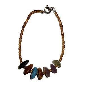 Rainbow Polished Stone Bracelet Vintage 6 inch Girls Gold bead